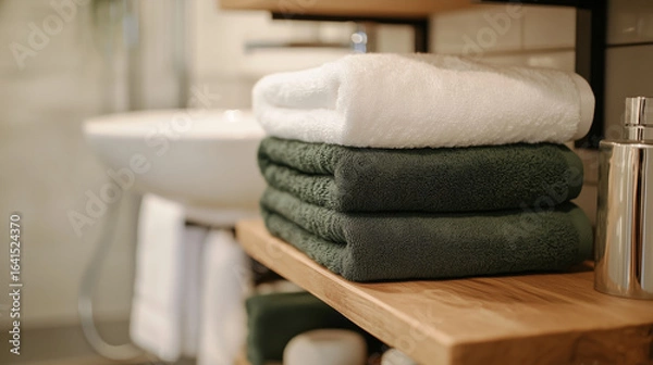 Fototapeta Close-up of a stack of green and white towels on top of a wooden shelf in front of an elegant modern sink.