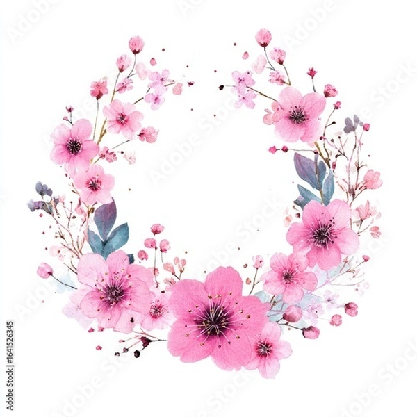 Fototapeta Delicate floral wreath in soft pinks and light blues,  a circle of blossoms and leaves
