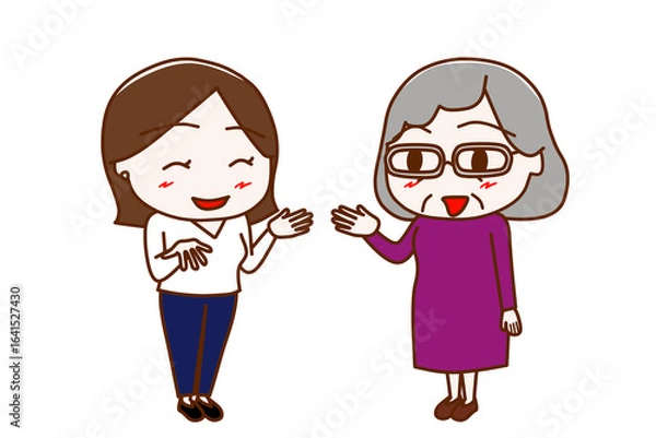 Fototapeta （全身斜め）女性と笑顔で楽しく会話する高齢の女性