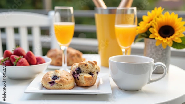 Obraz Delightful breakfast scene featuring fresh muffins, strawberries, and refreshing drinks. vibrant colors and cozy setting evoke sense of relaxation