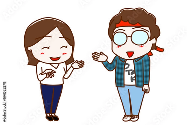 Fototapeta （全身斜め）女性と笑顔で楽しく会話するメガネをかけたオタク