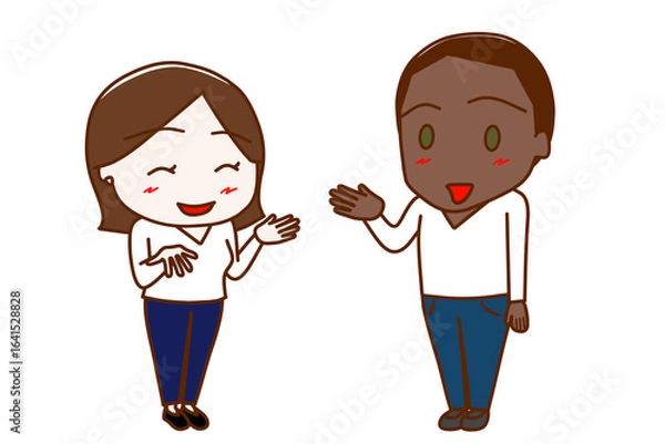 Fototapeta （全身斜め）女性と笑顔で楽しく会話するアフリカ系男性