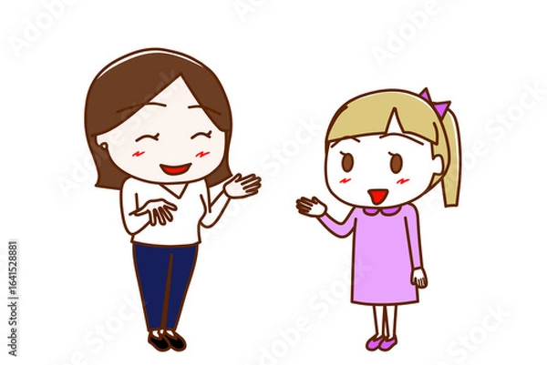 Fototapeta （全身斜め）女性と笑顔で楽しく会話する白人少女