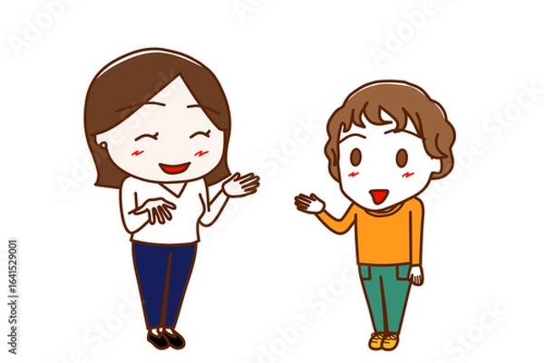 Fototapeta （全身斜め）女性と笑顔で楽しく会話する白人少年