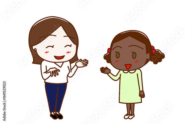 Fototapeta （全身斜め）女性と笑顔で楽しく会話するアフリカ系少女