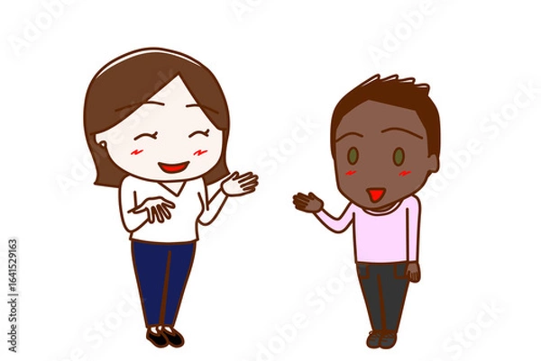 Fototapeta （全身斜め）女性と笑顔で楽しく会話するアフリカ系少年