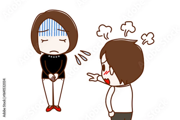 Obraz （複数）真っ青になって謝罪する女性とカンカンに怒りながら怒鳴り責める男性