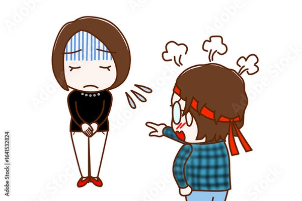 Obraz （複数）真っ青になって謝罪する女性とカンカンに怒りながら怒鳴り責めるメガネをかけたオタク