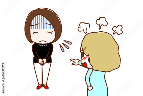 Obraz （複数）真っ青になって謝罪する女性とカンカンに怒りながら怒鳴り責める白人女性