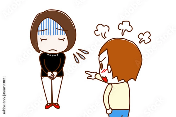 Obraz （複数）真っ青になって謝罪する女性とカンカンに怒りながら怒鳴り責める白人男性