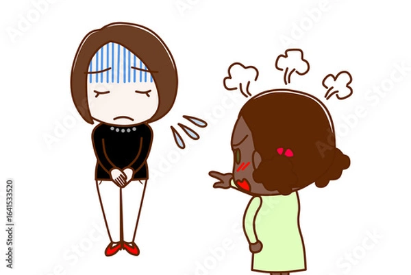 Obraz （複数）真っ青になって謝罪する女性とカンカンに怒りながら怒鳴り責めるアフリカ系少女