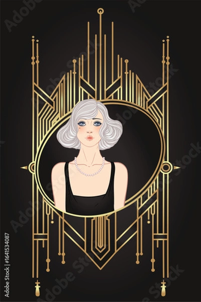 Fototapeta Art Deco vintage invitation template design with illustration of flapper girl over patterns and frames. Retro party background set in1920s style. Vector for glamour event, thematic wedding or jazz