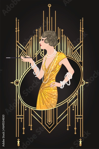 Fototapeta Art Deco vintage invitation template design with illustration of flapper girl over patterns and frames. Retro party background set in1920s style. Vector for glamour event, thematic wedding or jazz