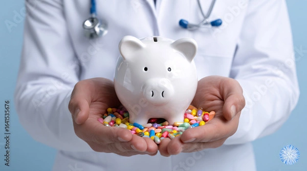 Fototapeta Doctor's Hands Holding Piggy Bank with Colorful Pills, Studio Setting