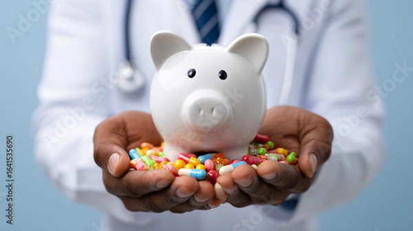 Fototapeta Doctor Holding Piggy Bank and Pills in Hands, Office Setting, Close-up View