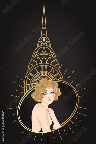 Fototapeta Art Deco vintage invitation template design with illustration of flapper girl over patterns and frames. Retro party background set in1920s style. Vector for glamour event, thematic wedding or jazz