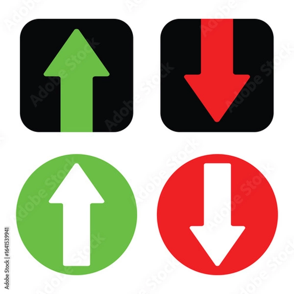 Fototapeta Green Up Arrow and Red Down Arrow Vector Icons in Square and Circle Shapes on White Background