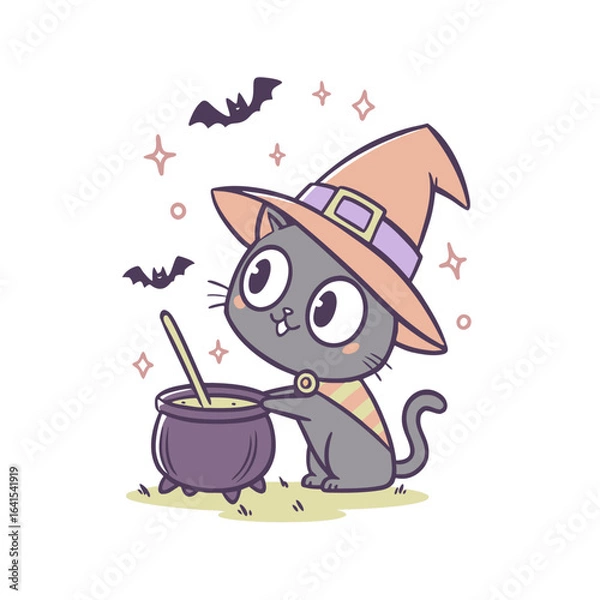 Fototapeta A cute cartoon gray cat wearing a witch hat stirs a potion in a cauldron, surrounded by bats and sparkles.