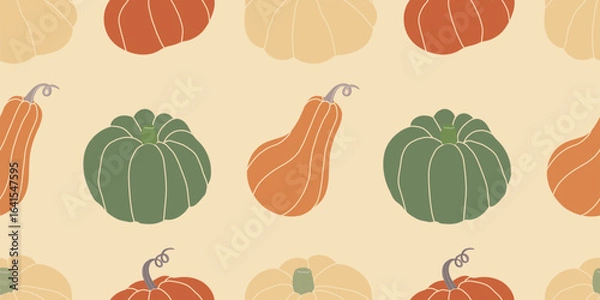 Fototapeta Vintage seamless pattern featuring various hand drawn pumpkins in earthy tones. Perfect for minimalist fall cards, eco friendly packaging, wrapping paper, and modern seasonal design projects