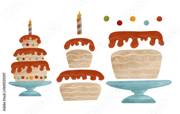 Fototapeta Cake with a candle or cupcake - a design builder, isolated elements on a white background. A watercolor, pastel illustration in autumn colors
