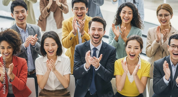 Fototapeta employees clapping at announcement. Diverse group of happy people applauding at a corporate event  