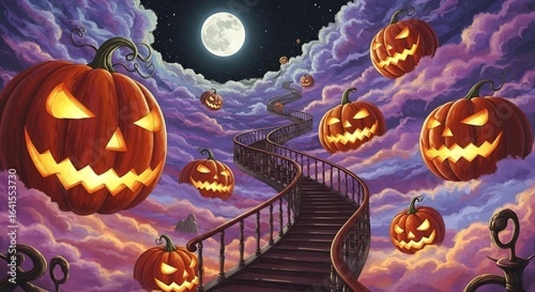 Obraz Artistic surreal Halloween dreamscape with giant floating pumpkins in the clouds and stairs leading to the moon