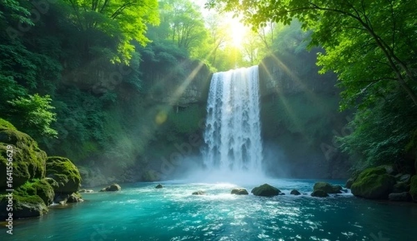 Obraz Lush green forest waterfall with sunbeams shining through the trees