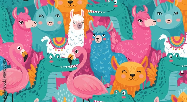 Fototapeta A cute and colorful seamless pattern featuring cartoon llamas, flamingos, and alligators with tropical leaves on a blue background. Ideal for children's fabric and prints