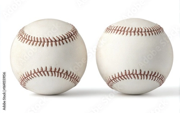 Fototapeta Two baseballs, side-by-side, white leather, stitched seams