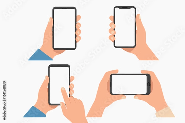 Fototapeta Smartphone vector illustration set, hands holding modern mobile phones in various positions, touchscreen use, portrait and landscape mockups, blank display, user interaction, isolated flat design