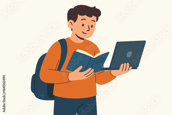 Fototapeta Male student learning multitasking with laptop and book, education and self-study, academic research, distance learning, online course, digital education concept, modern classroom, knowledge growth