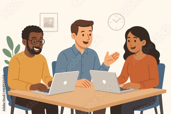 Fototapeta Diverse team collaboration, office teamwork, group meeting, brainstorming, three businesspeople, laptop discussion, project planning, communication, modern workplace, flat cartoon illustration