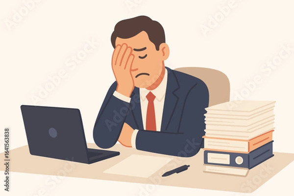 Fototapeta Frustrated Businessman at Desk Overwhelmed by Paperwork and Computer, Feeling Bored, Unmotivated, and Unproductive, Suffering Job Burnout and Work Stress in Corporate Office, Bureaucracy Concept