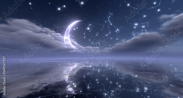 Fototapeta Enchanting crescent moon over dreamy clouds and starry night sky, perfect for fantasy, children’s themes, and poetic visuals.