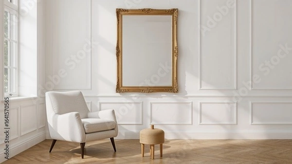 Fototapeta In a modern living area, a comfortable white armchair is positioned near a chic golden mirror, showcasing minimalist elegance and coziness.