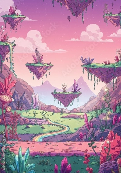 Fototapeta Fantasy Alien Landscape with Floating Islands and Colorful Plants