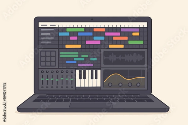 Fototapeta Digital audio workstation laptop screen. Electronic music production software interface. Music editing, mixing, beat making, keyboard, equalizer, waveform. Vector illustration concept.