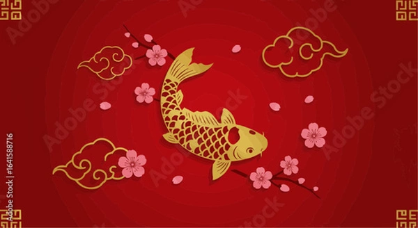 Obraz Gold carp fish, cherry blossoms, and clouds on a red background, in a Chinese style design.