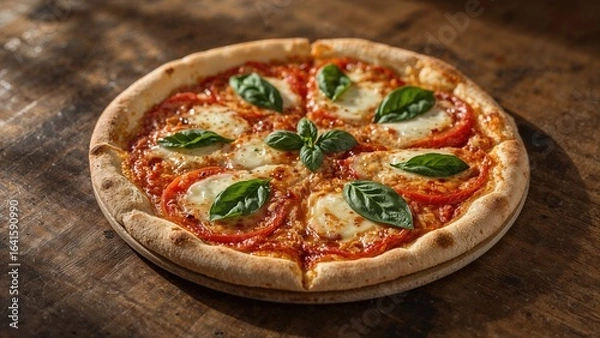 Fototapeta Fresh Margherita pizza displayed on a tabletop, zoomed-in shot