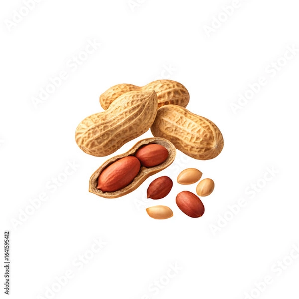 Fototapeta Pile of peanuts with one shell opened showing kernels isolated on transparent background