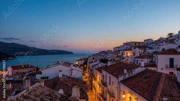 Fototapeta Summer evening in a historic town's streets, travel, natural surroundings, houses, urban landscape, white architecture, charming views