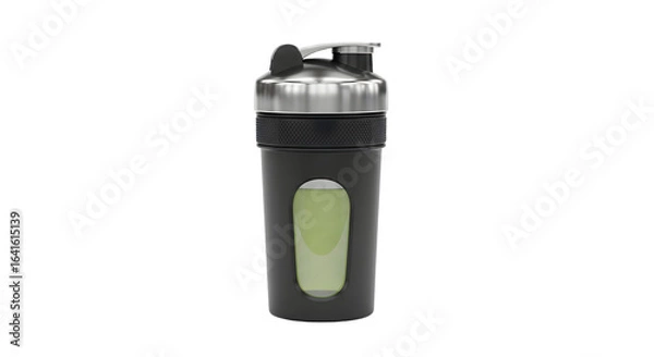 Fototapeta Black protein shaker bottle with metal lid isolated on transparent background