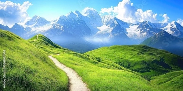Fototapeta A winding path leads to majestic snow-capped mountains under a vibrant sky.