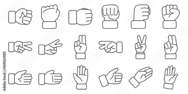 Fototapeta Rock paper scissors icons set. Collection of line icons representing various hand gestures, including rock, paper, scissors, pointing, counting, and other common signs