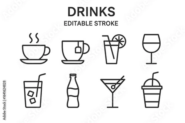 Fototapeta Drink and beverage line icon set. Simple outline symbols for cafe, bar, restaurant menu. Includes coffee, tea, juice, cocktail, wine, soda vector signs. Editable stroke.