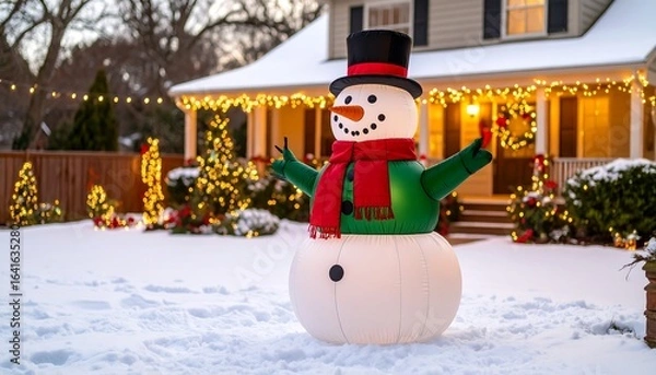 Obraz Festive snowman in snowy yard