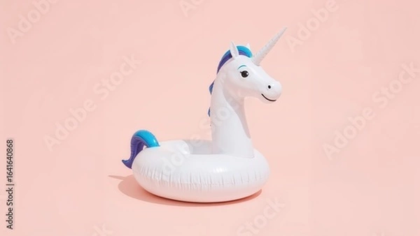 Fototapeta Summer vibes with a unicorn pool inflatable set on a light pink pastel surface.