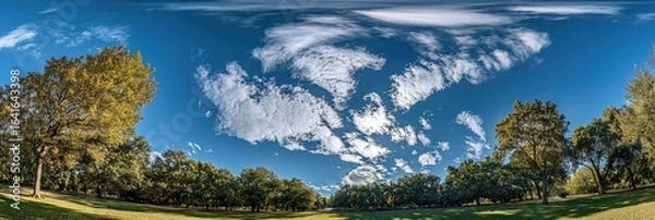 Fototapeta A panoramic view of a park under a vibrant blue sky with fluffy white clouds.