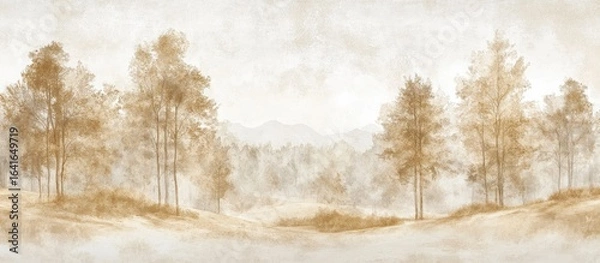 Fototapeta Serene autumnal landscape with golden trees and distant mountains