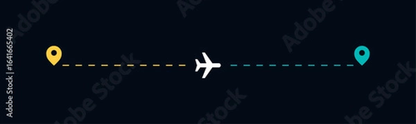 Obraz Flight route vector illustration. Airplane on dashed line on path to destination. Flight tracking interface. 
